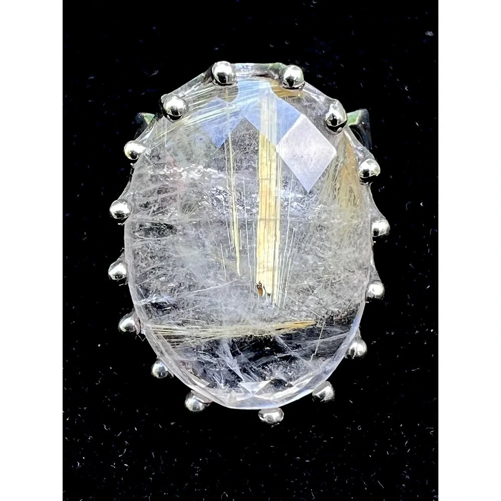 925 Sterling Silver Rutilated Quartz Vintage Filigree Crown Statement Ring